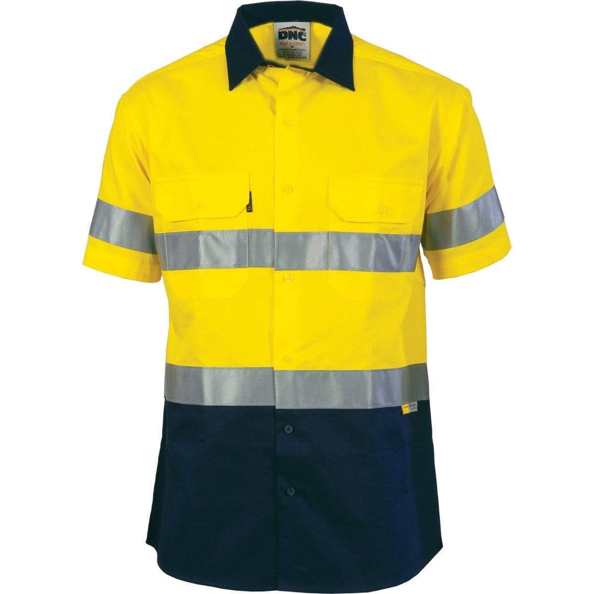 Dnc Workwear Hi-vis Cool-breeze Short Sleeve Cotton Shirt With 3m 8906 Reflective Tape - 3887 Work Wear DNC Workwear Yellow/Navy S 