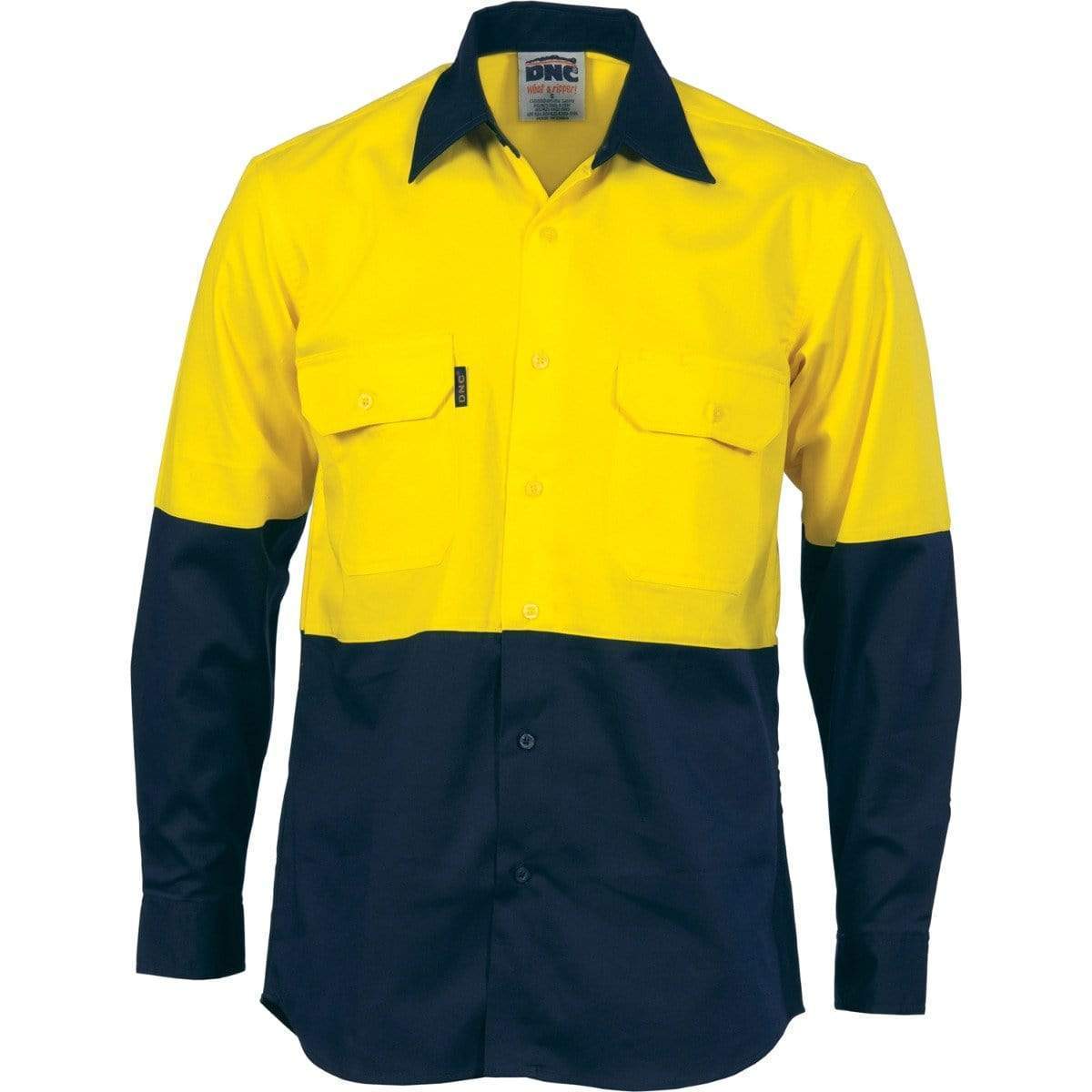 Dnc Workwear Hi-vis Cool-breeze Vertical Vented Long Sleeve Cotton Shirt - 3732 Work Wear DNC Workwear Yellow/Navy XS 
