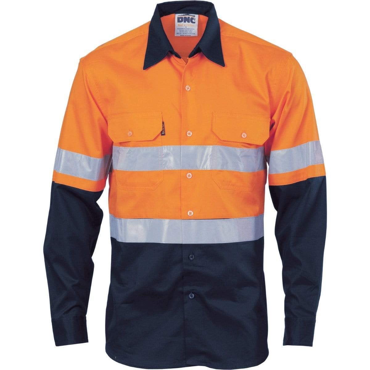 Dnc Workwear Hi-vis Cool-breeze Vertical Vented Long Sleeve Cotton Shirt With Generic Reflective Tape - 3984 Work Wear DNC Workwear Orange/Navy XS 
