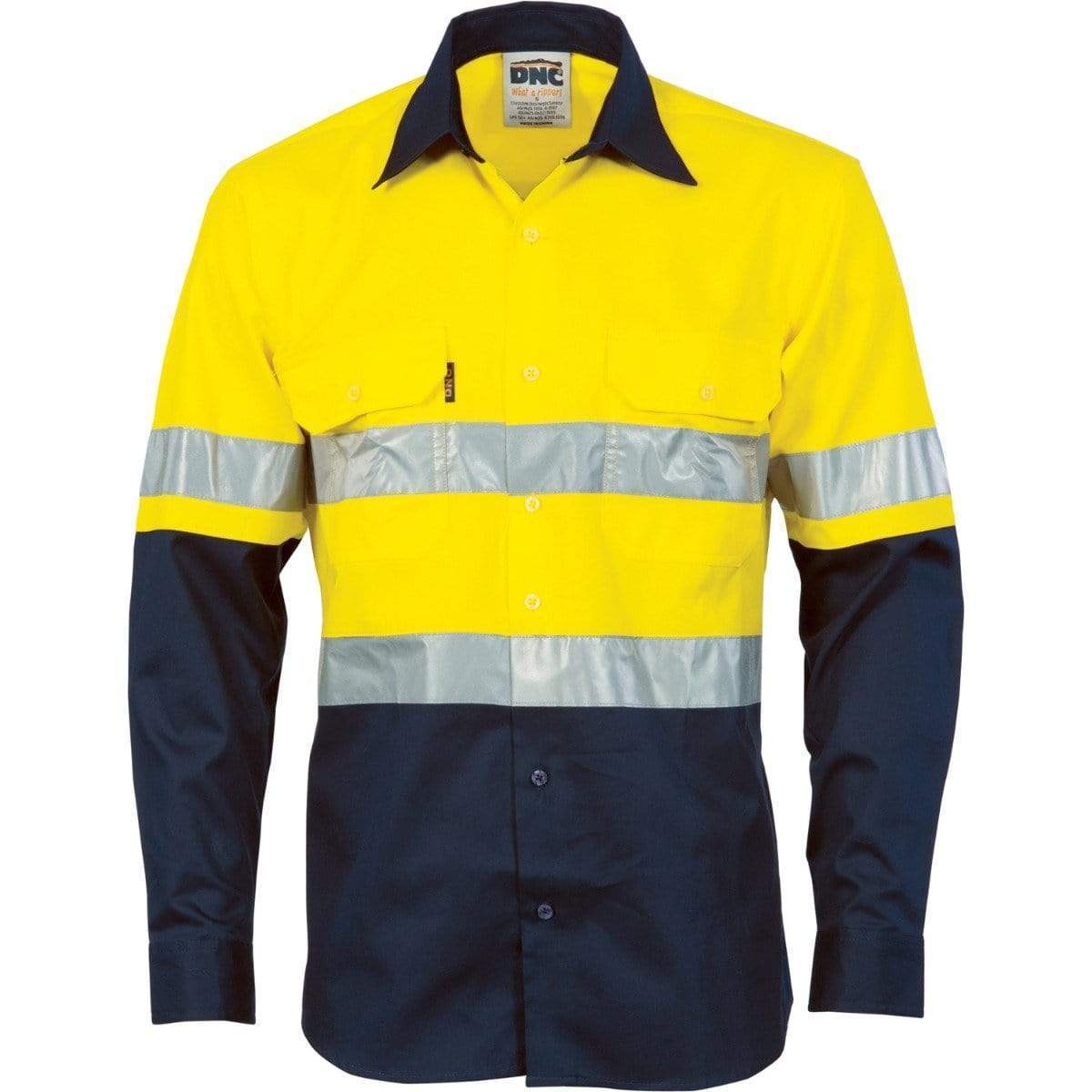 Dnc Workwear Hi-vis Cool-breeze Vertical Vented Long Sleeve Cotton Shirt With Generic Reflective Tape - 3984 Work Wear DNC Workwear Yellow/Navy XS 