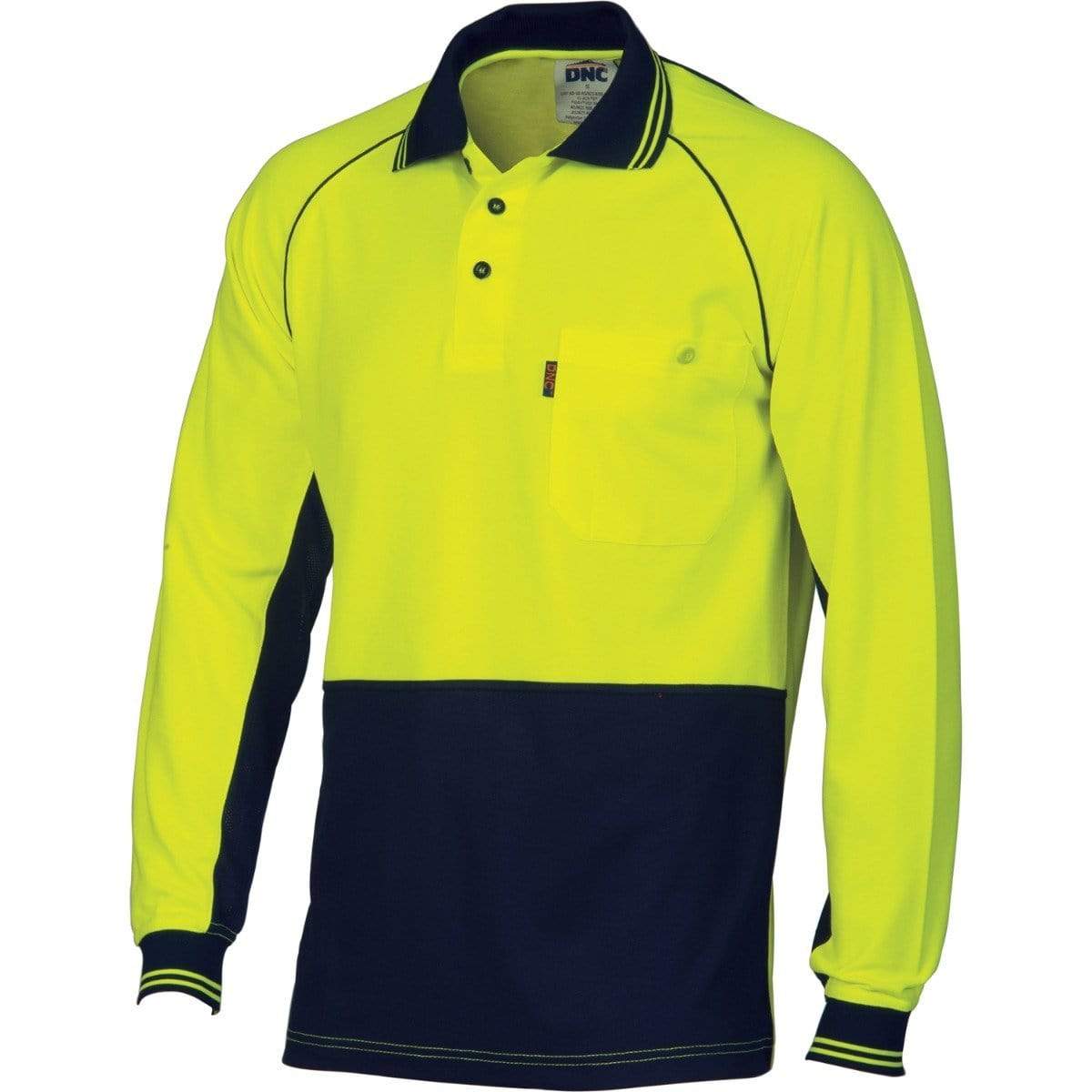 Dnc Workwear Hi-vis Cotton Backed Cool-breeze Contrast Long Sleeve Polo - 3720 Work Wear DNC Workwear Yellow/Navy XS 