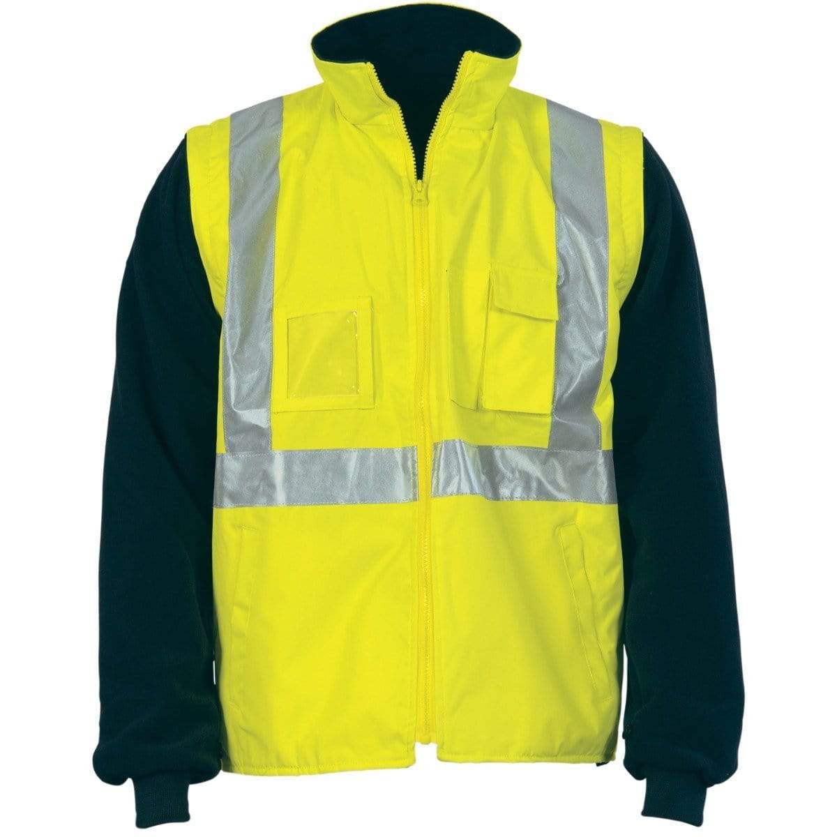 DNC WORKWEAR Hi-Vis Cross Back D/N 4-in-1 Zip Off Sleeve Reversible Vest 3994 Work Wear DNC Workwear Yellow/Navy XS 