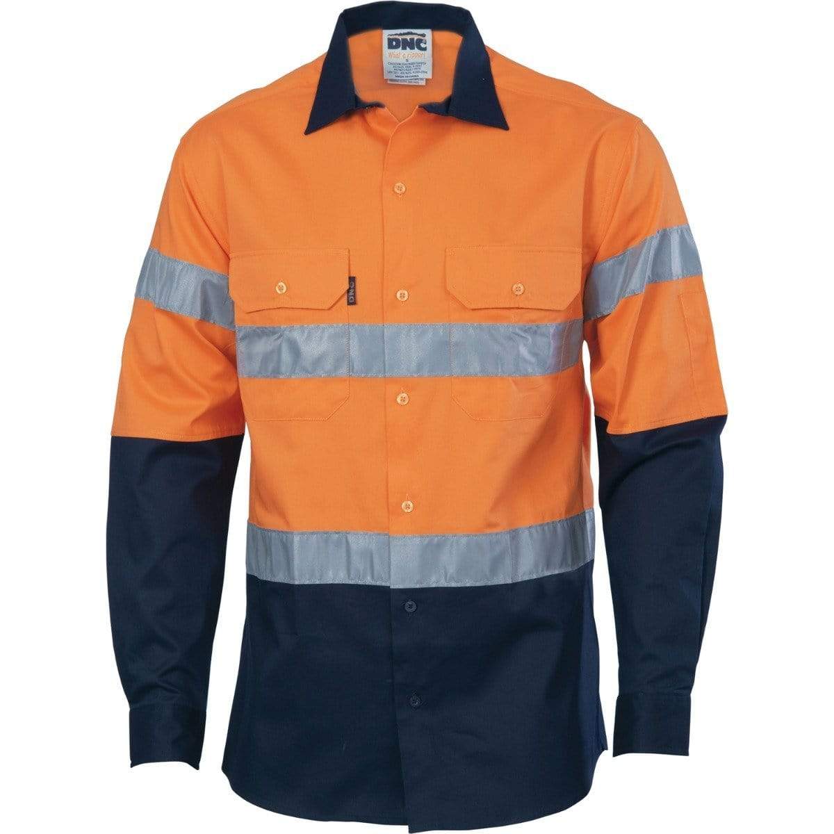 Dnc Workwear Hi-vis D/n 2 Tone Long Sleeve Drill Shirt With Generic R/tape - 3982 Work Wear DNC Workwear Orange/Navy XS 