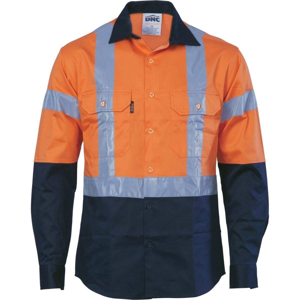 Dnc Workwear Hi-vis D/n 2 Tone Long Sleeve Drill Shirt With H Pattern Generic R/ Tape - 3983 Work Wear DNC Workwear Orange/Navy XS 