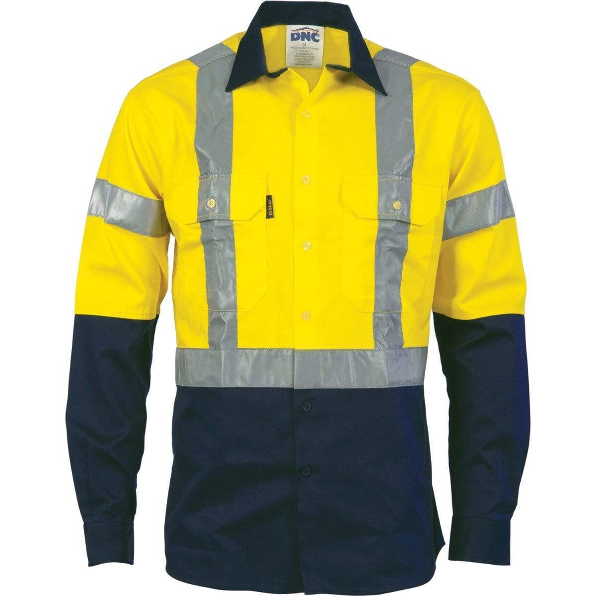 Dnc Workwear Hi-vis D/n 2 Tone Long Sleeve Drill Shirt With H Pattern Generic R/ Tape - 3983 Work Wear DNC Workwear Yellow/Navy XS 