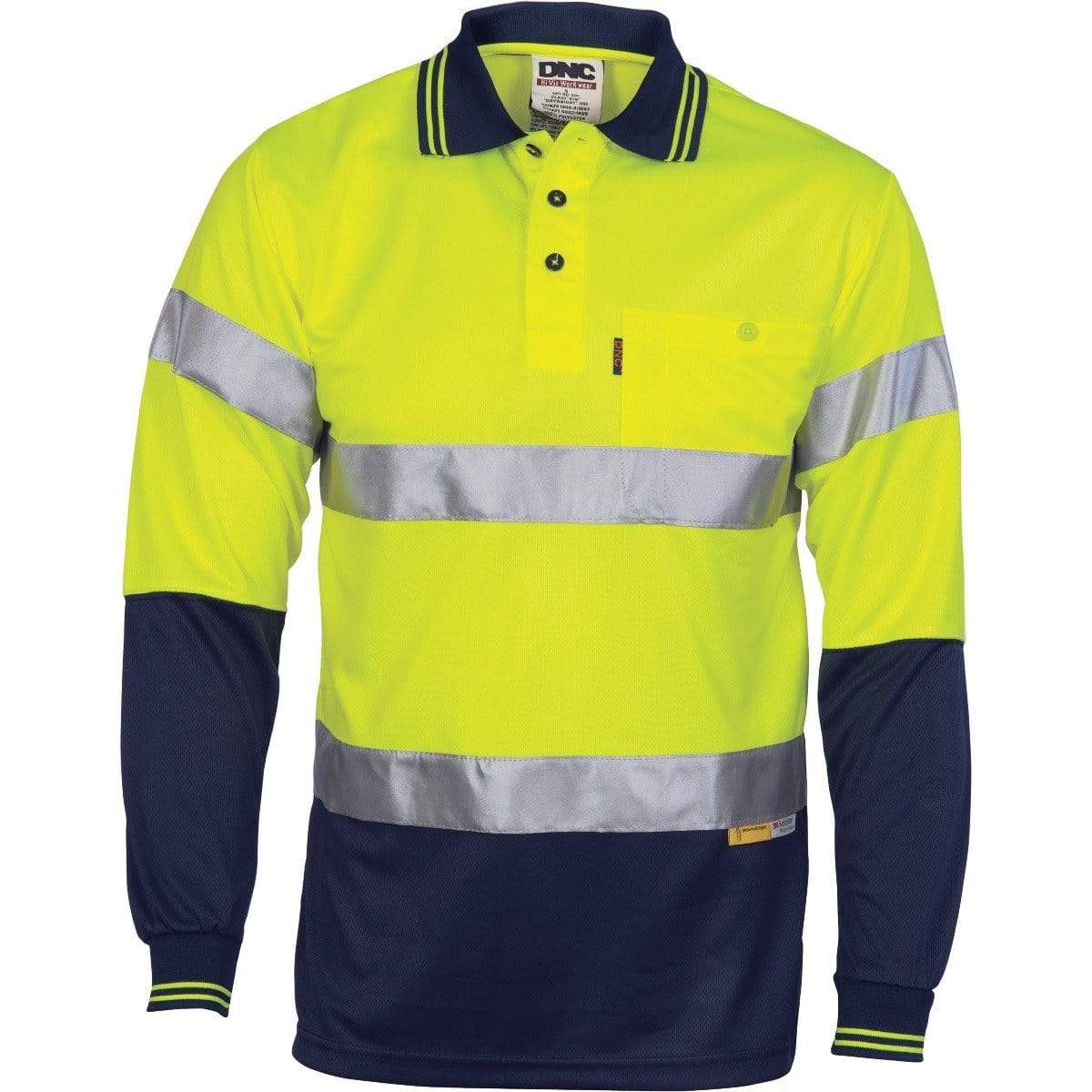 Dnc Workwear Hi-vis D/n Cool-breathe Long Sleeve Polo Shirt With 3m 8906 R/tape - 3913 Work Wear DNC Workwear Yellow/Navy XS 