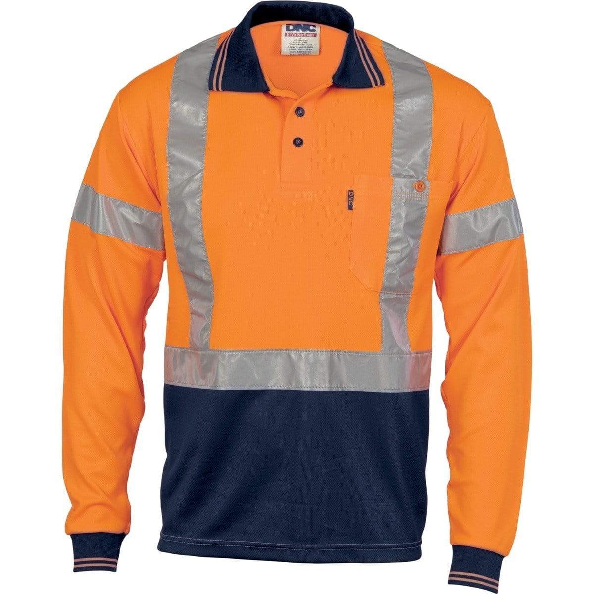 Dnc Workwear Hi-vis D/n Cool-breathe Long Sleeve Polo Shirt With Cross-back R/tape - 3914 Work Wear DNC Workwear Orange/Navy XS 