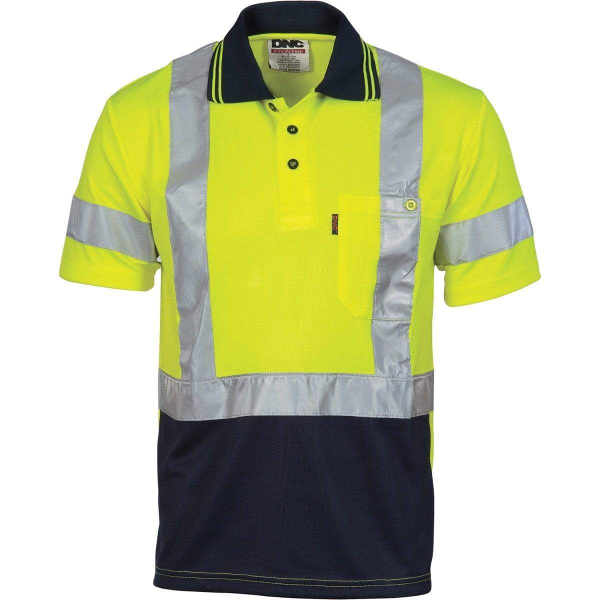 DNC WORKWEAR Hi-Vis D/N Cool Breathe Short Sleeve Polo Shirt with Cross Back R/Tape - 3912 Work Wear DNC Workwear Yellow/Navy XS 