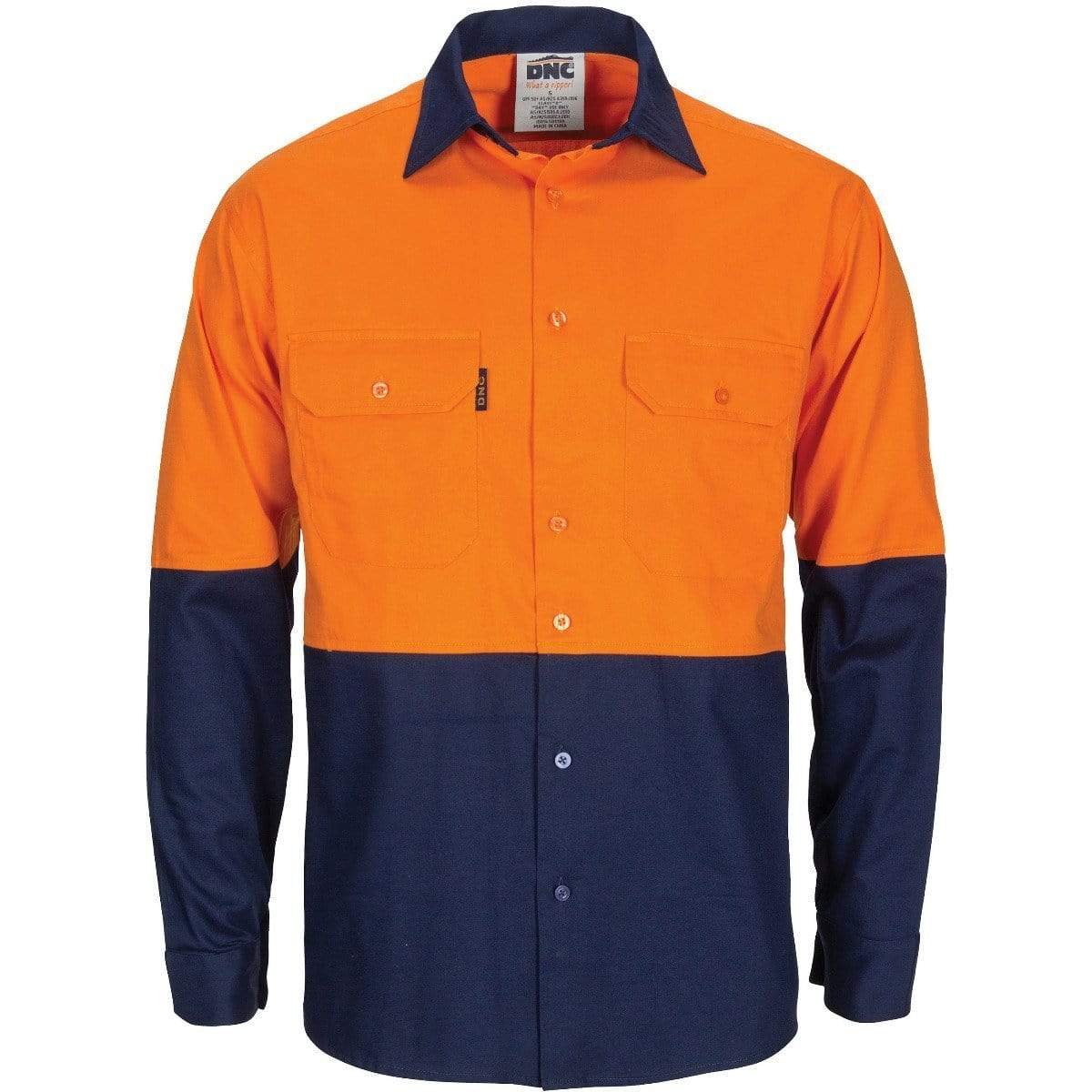 DNC WORKWEAR Hi-Vis L/W Cool-Breeze T2 Vertical Vented Long Sleeve Cotton Shirt with Gusset Sleeves  3733 Work Wear DNC Workwear Orange/Navy XS 