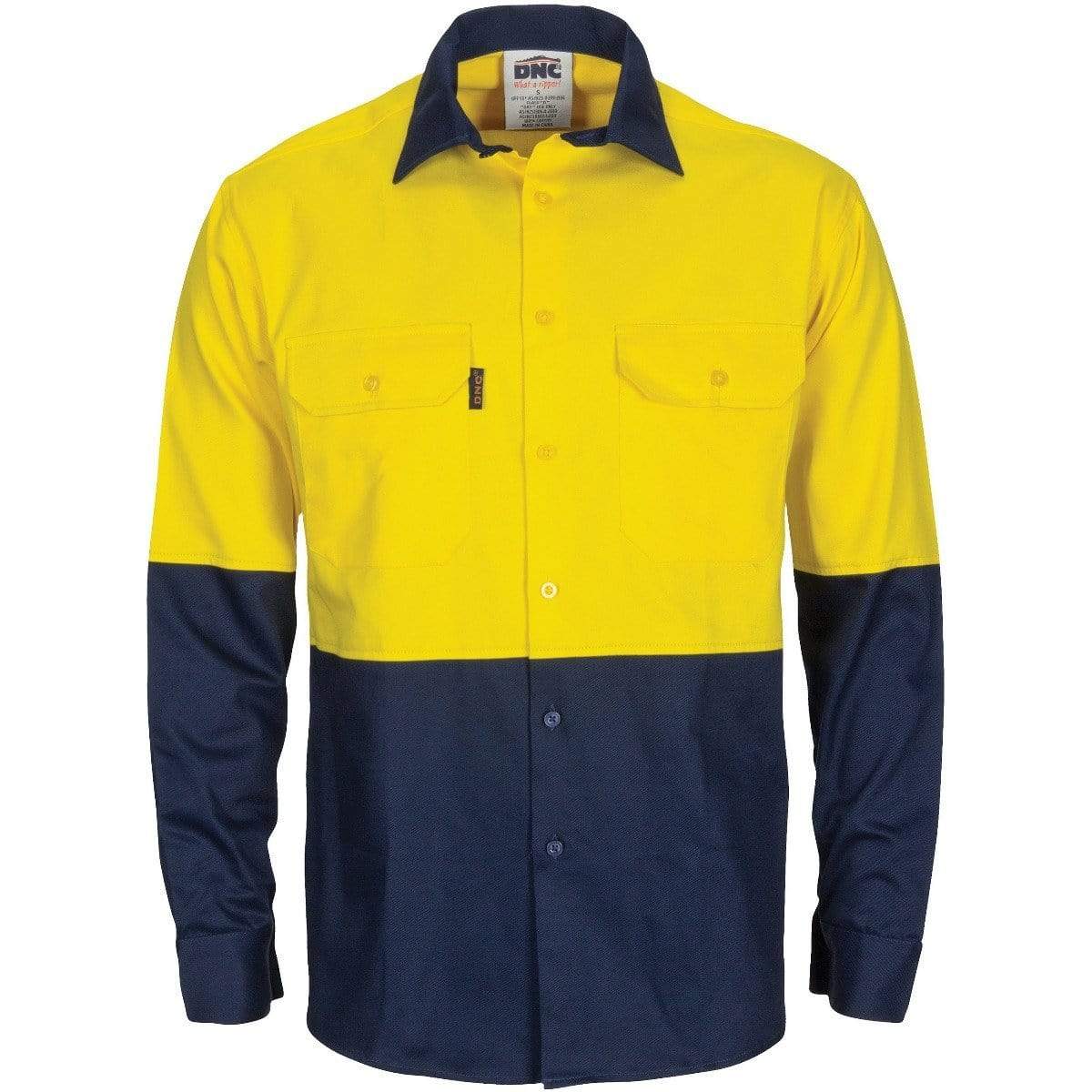 DNC WORKWEAR Hi-Vis L/W Cool-Breeze T2 Vertical Vented Long Sleeve Cotton Shirt with Gusset Sleeves  3733 Work Wear DNC Workwear Yellow/Navy XS 