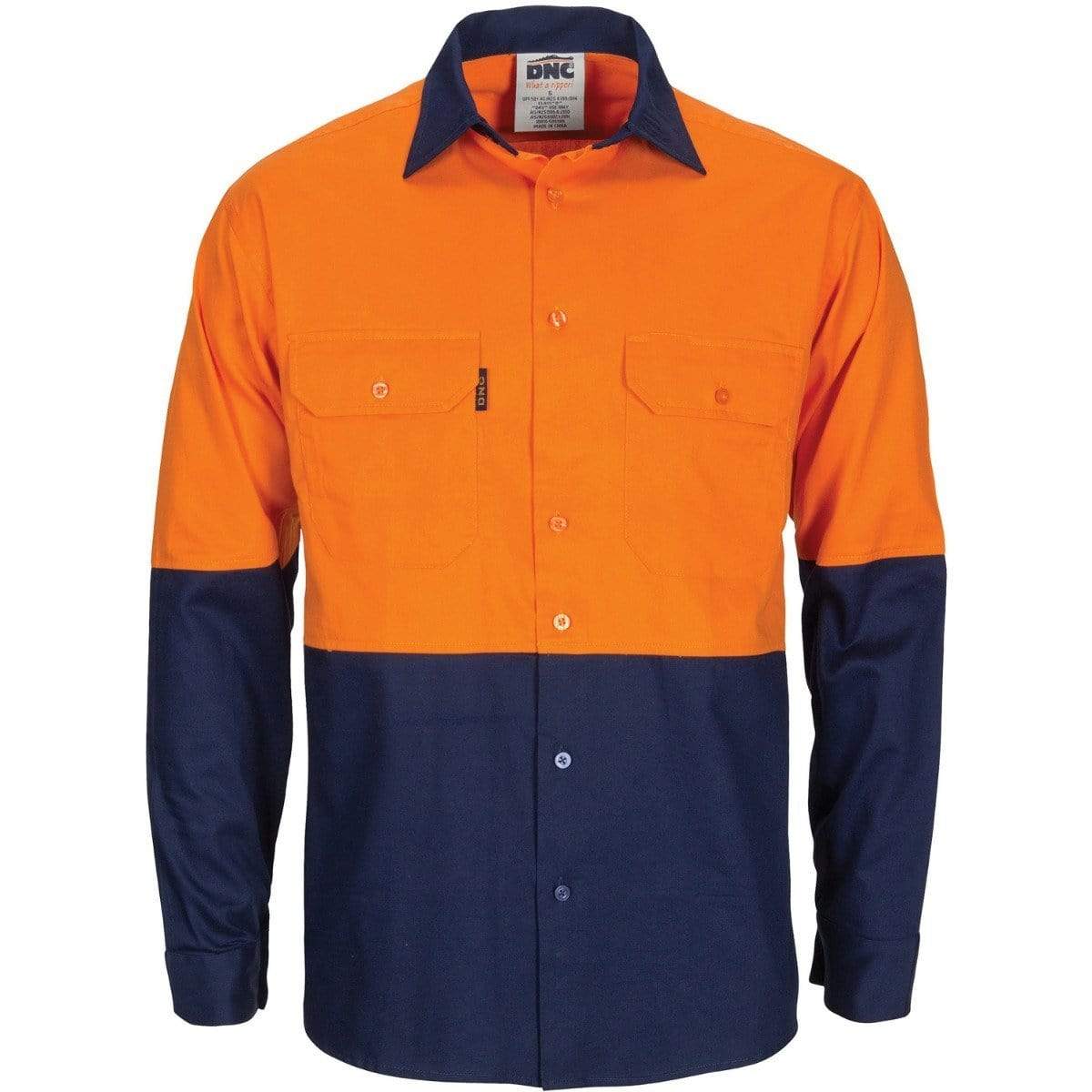 Dnc Workwear Hi-vis R/w Cool-breeze T2 Vertical Vented Long Sleeve Cotton Shirt With Gusset Sleeves - 3781 Work Wear DNC Workwear Orange/Navy XS 