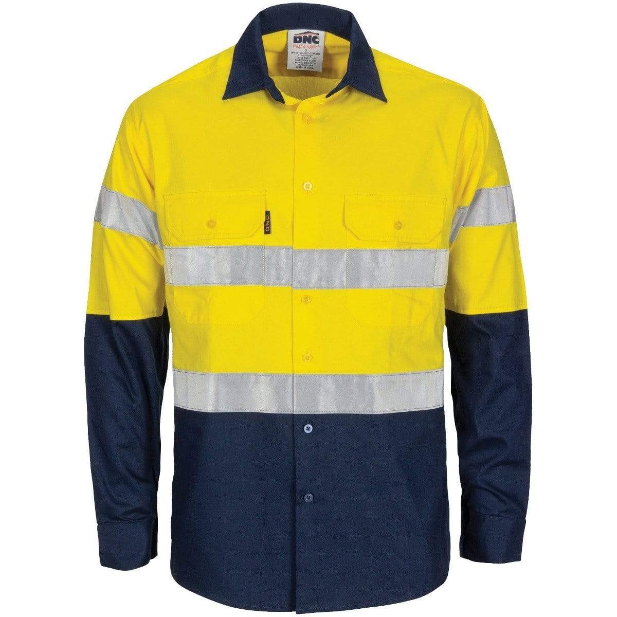 Dnc Workwear Hi-vis R/w Cool-breeze T2 Vertical Vented Long Sleeve Cotton Shirt With Gusset Sleeves, Generic R/tape - 3782 Work Wear DNC Workwear Yellow/Navy XS 