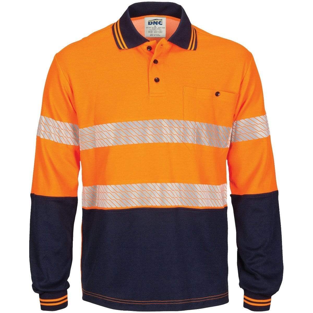 Dnc Workwear Hi-vis Segment Taped Cotton Backed Long Sleeve Polo - 3518 Work Wear DNC Workwear Orange/Navy XS 