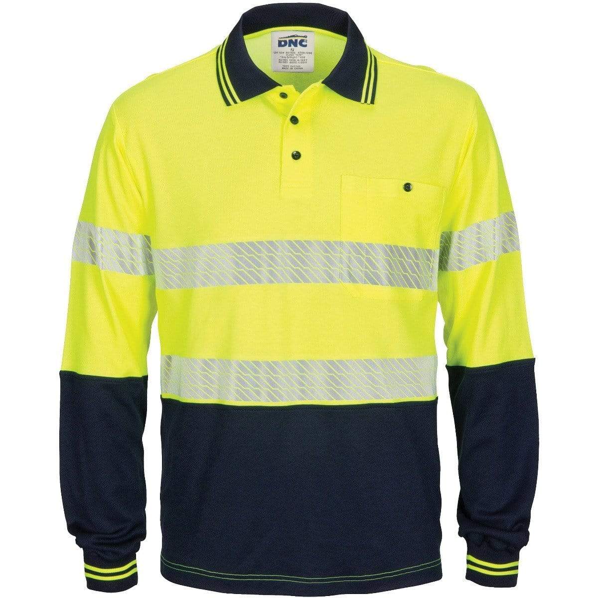 Dnc Workwear Hi-vis Segment Taped Cotton Backed Long Sleeve Polo - 3518 Work Wear DNC Workwear Yellow/Navy XS 