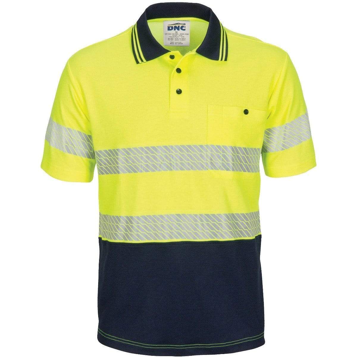 Dnc Workwear Hi-vis Segment Taped Cotton Backed Short Sleeve Polo - 3517 Work Wear DNC Workwear Yellow/Navy XS 
