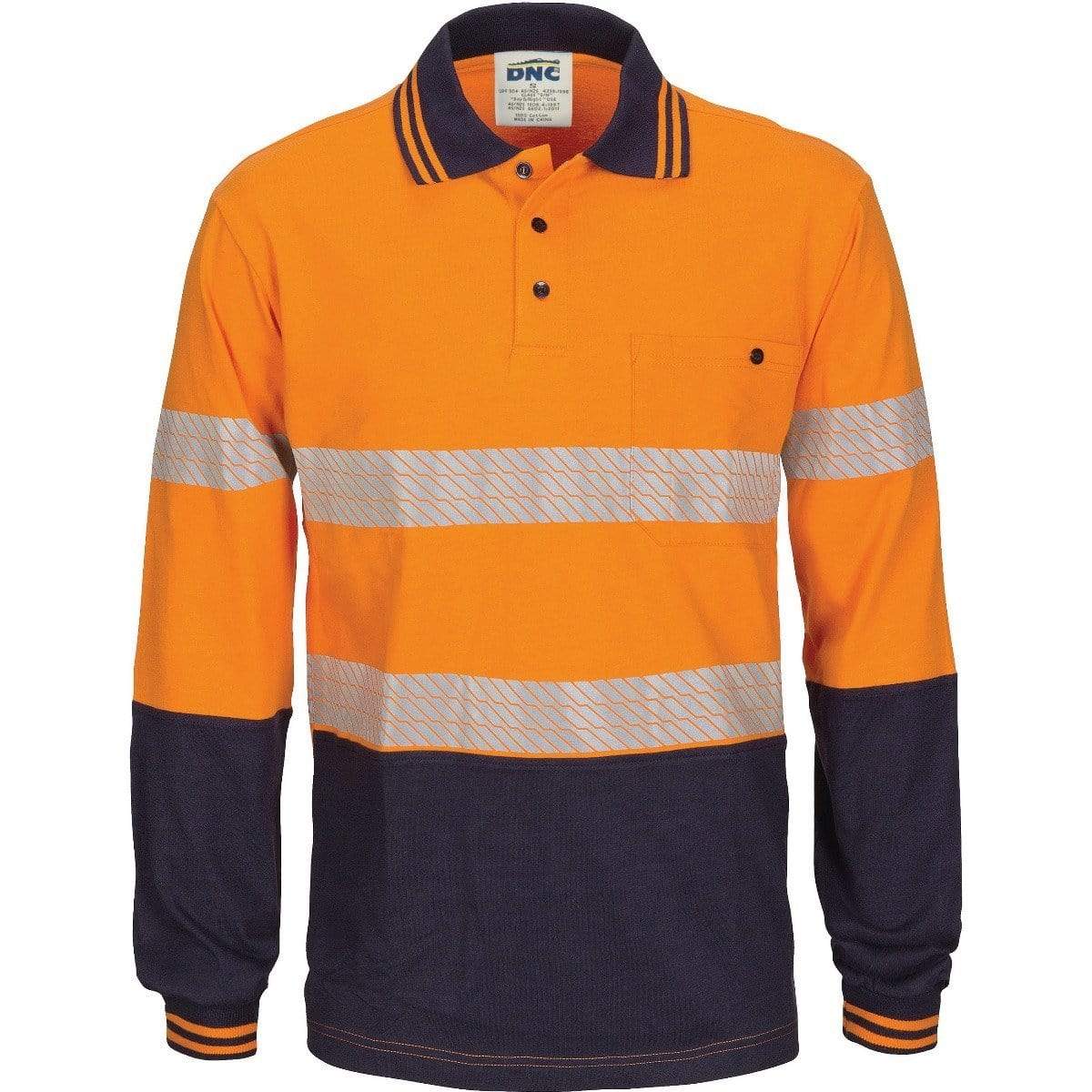 Dnc Workwear Hi-vis Segment Taped Long Sleeve Cotton Jersey Polo - 3516 Work Wear DNC Workwear Orange/Navy XS 