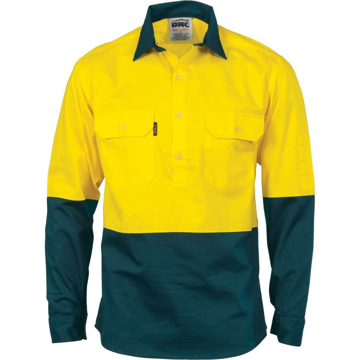 Dnc Workwear Hi-vis Two-tone Close Front Cotton Drill Long Sleeve Shirt - Gusset Sleeve - 3834 Work Wear DNC Workwear Yellow/Bottle Green 5XL 