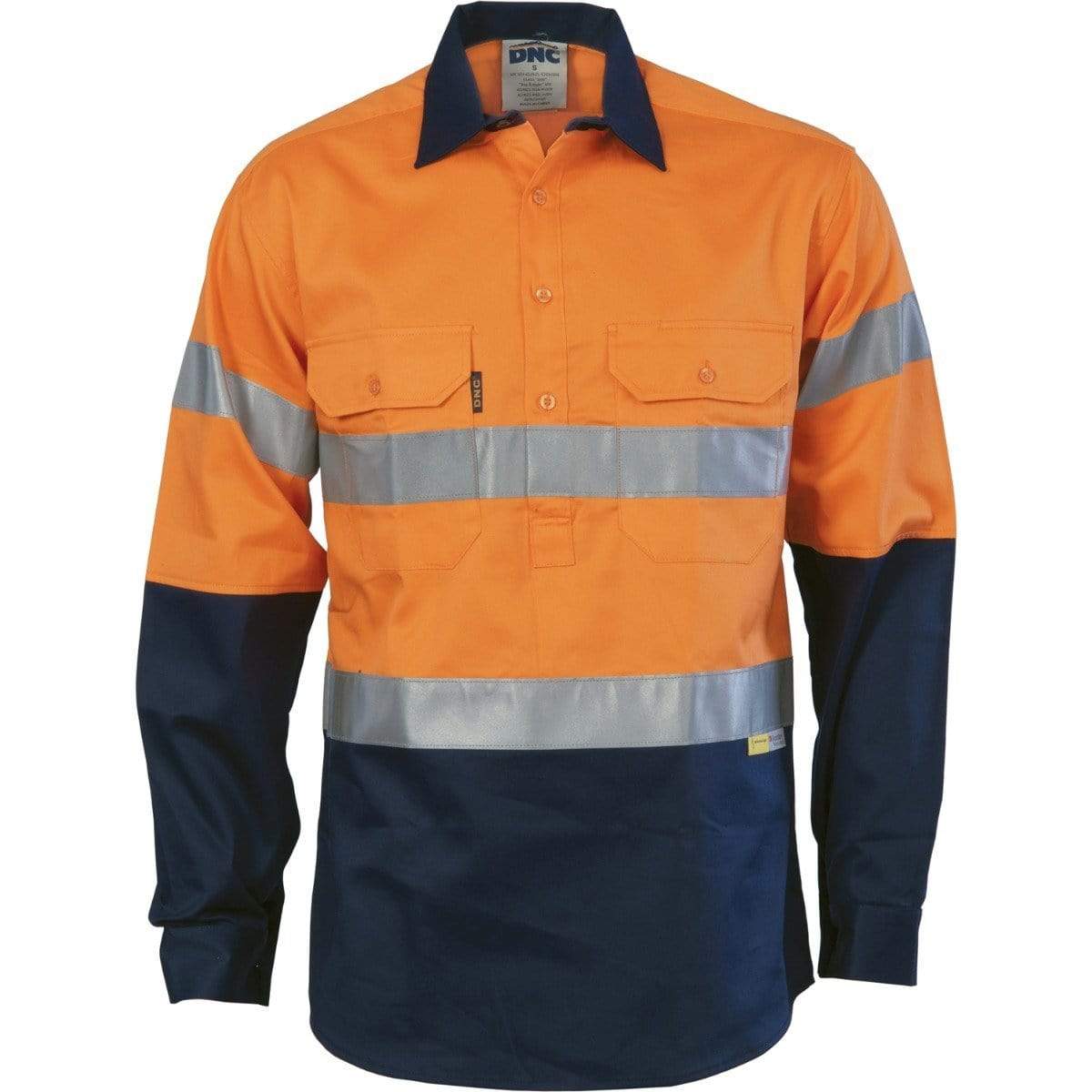 Dnc Workwear Hi-vis Two-tone Closed Front Cotton Shirt With 3m R/tape - 3849 Work Wear DNC Workwear Orange/Navy S 