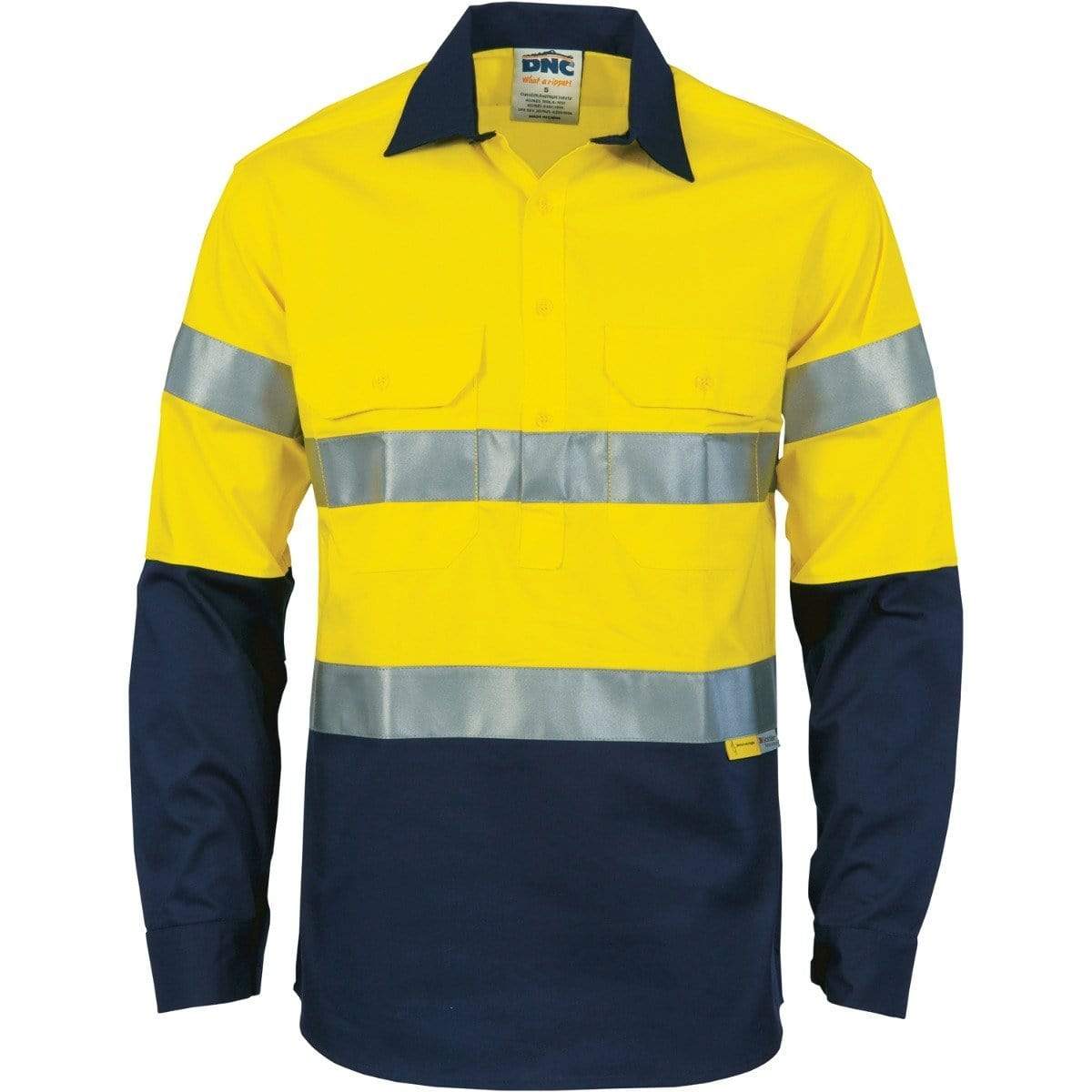 Dnc Workwear Hi-vis Two-tone Closed Front Cotton Shirt With 3m R/tape - 3849 Work Wear DNC Workwear Yellow/Navy S 