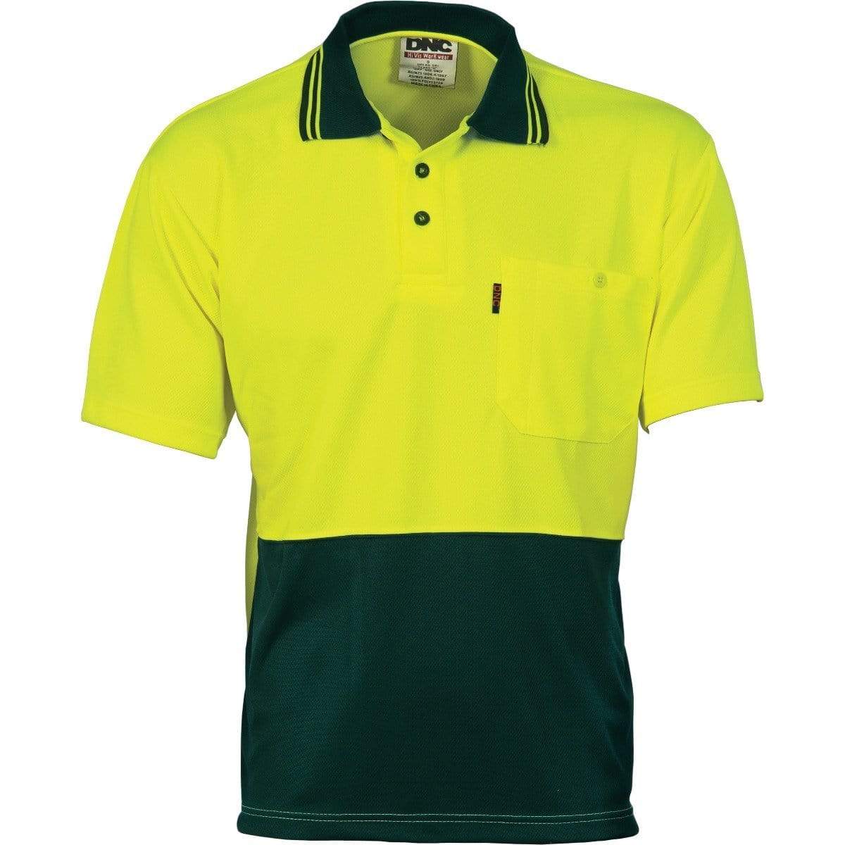 Dnc Workwear Hi-vis Two-tone Cool Breathe Short Sleeve Polo Shirt - 3811 Work Wear DNC Workwear Yellow/Bottle Green XS 