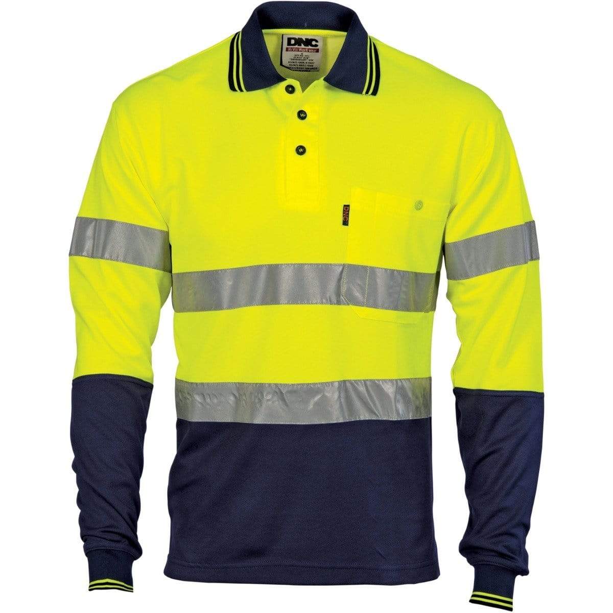 Dnc Workwear Hi-vis Two Tone Cotton Back Long Sleeve Polo With Generic Reflective Tape - 3718 Work Wear DNC Workwear Yellow/Navy 2XL 