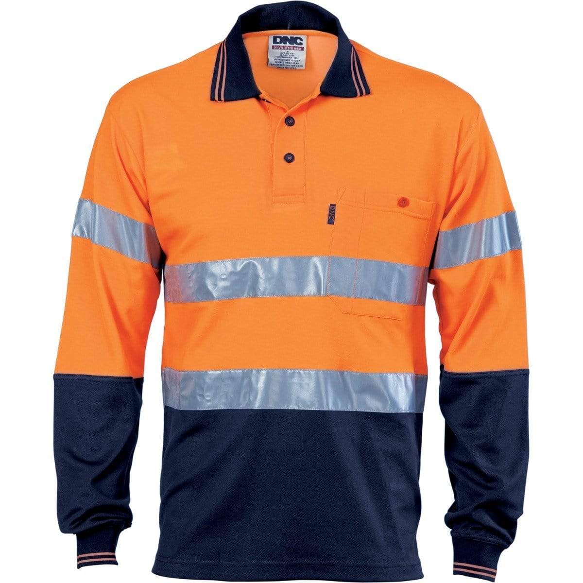 Dnc Workwear Hi-vis Two Tone Cotton Back Long Sleeve Polo With Generic Reflective Tape - 3718 Work Wear DNC Workwear Orange/Navy 2XL 