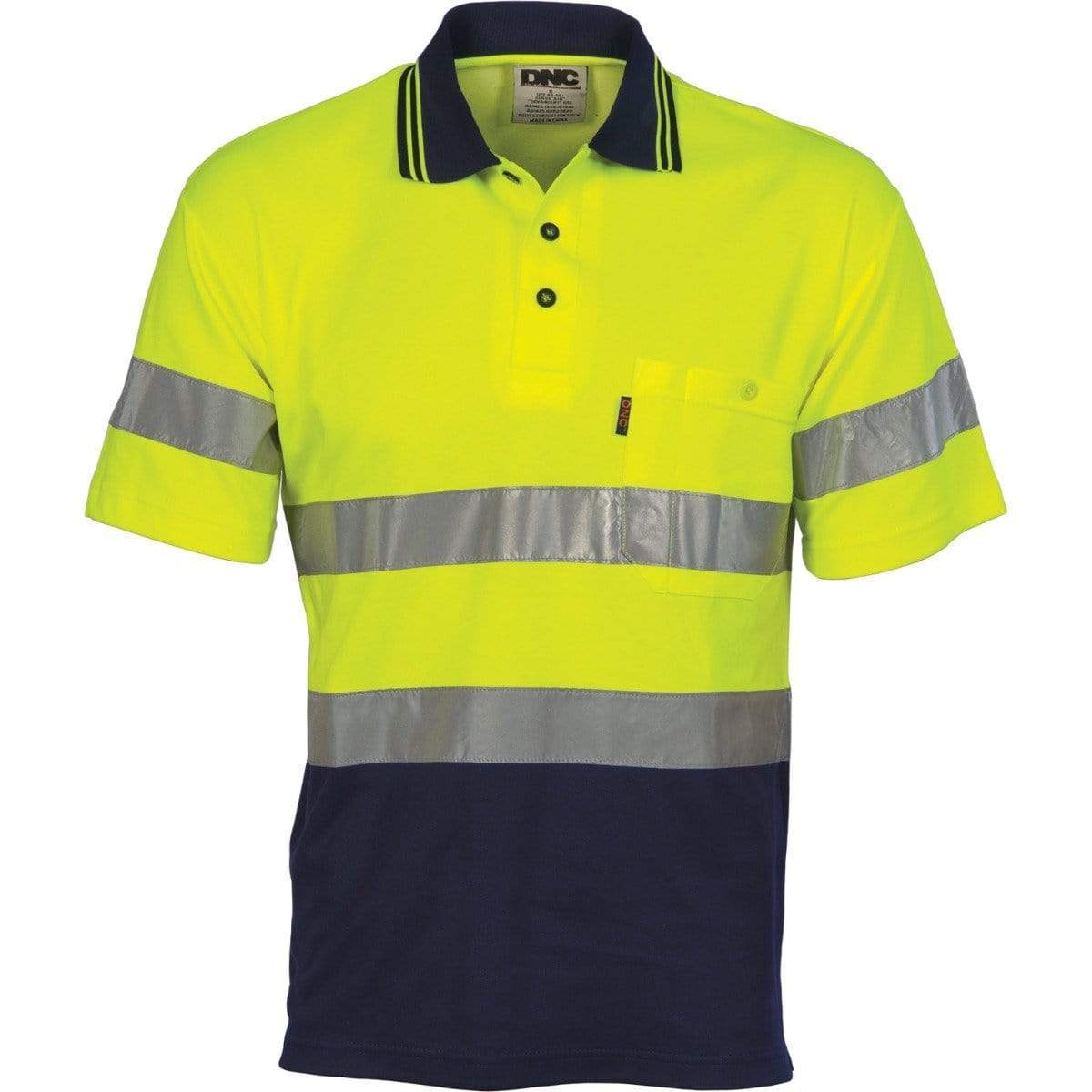Dnc Workwear Hi-vis Two-tone Cotton Back Short Sleeve Polo With Generic Reflective Tape - 3717 Work Wear DNC Workwear Yellow/Navy XS 