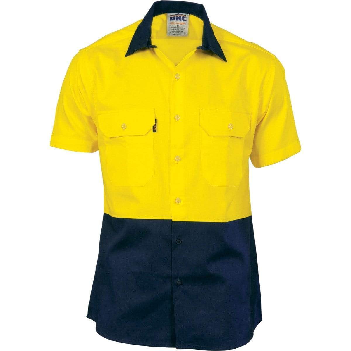 Dnc Workwear Hi-vis Two-tone Cotton Drill Short Sleeve Shirt - 3831 Work Wear DNC Workwear Yellow/Navy XS 