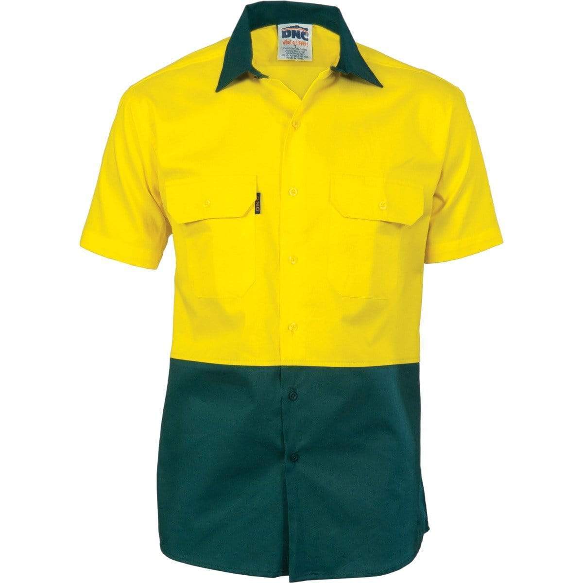 Dnc Workwear Hi-vis Two-tone Cotton Drill Short Sleeve Shirt - 3831 Work Wear DNC Workwear Yellow/Bottle Green XS 