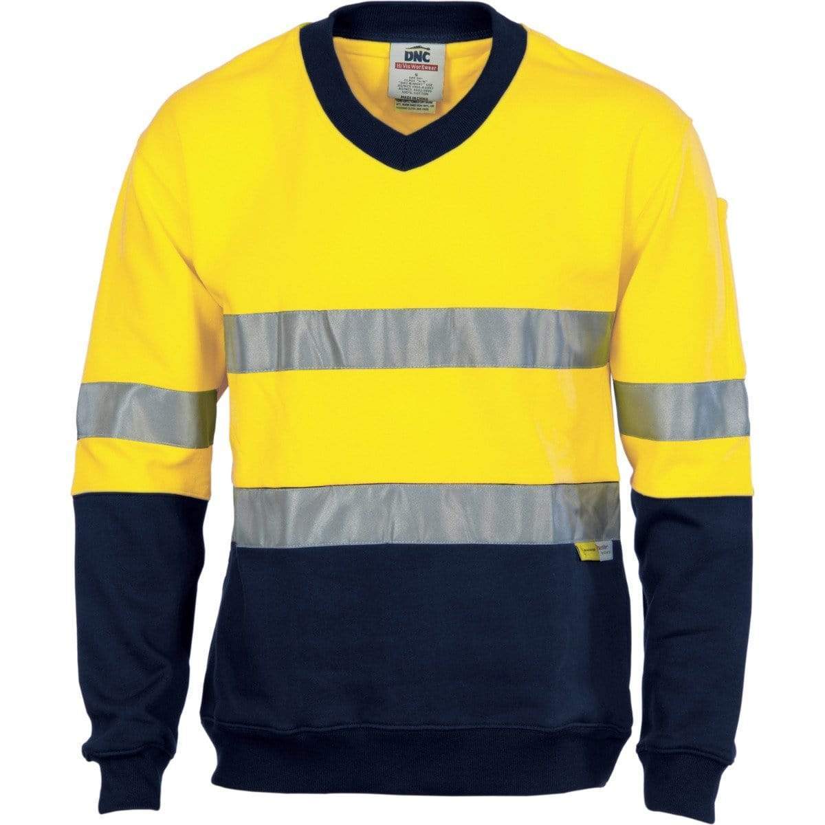 Dnc Workwear Hi-vis Two-tone Cotton Fleecy V-neck Sweatshirt With 3m R/tape - 3924 Work Wear DNC Workwear Yellow/Navy 5XL 