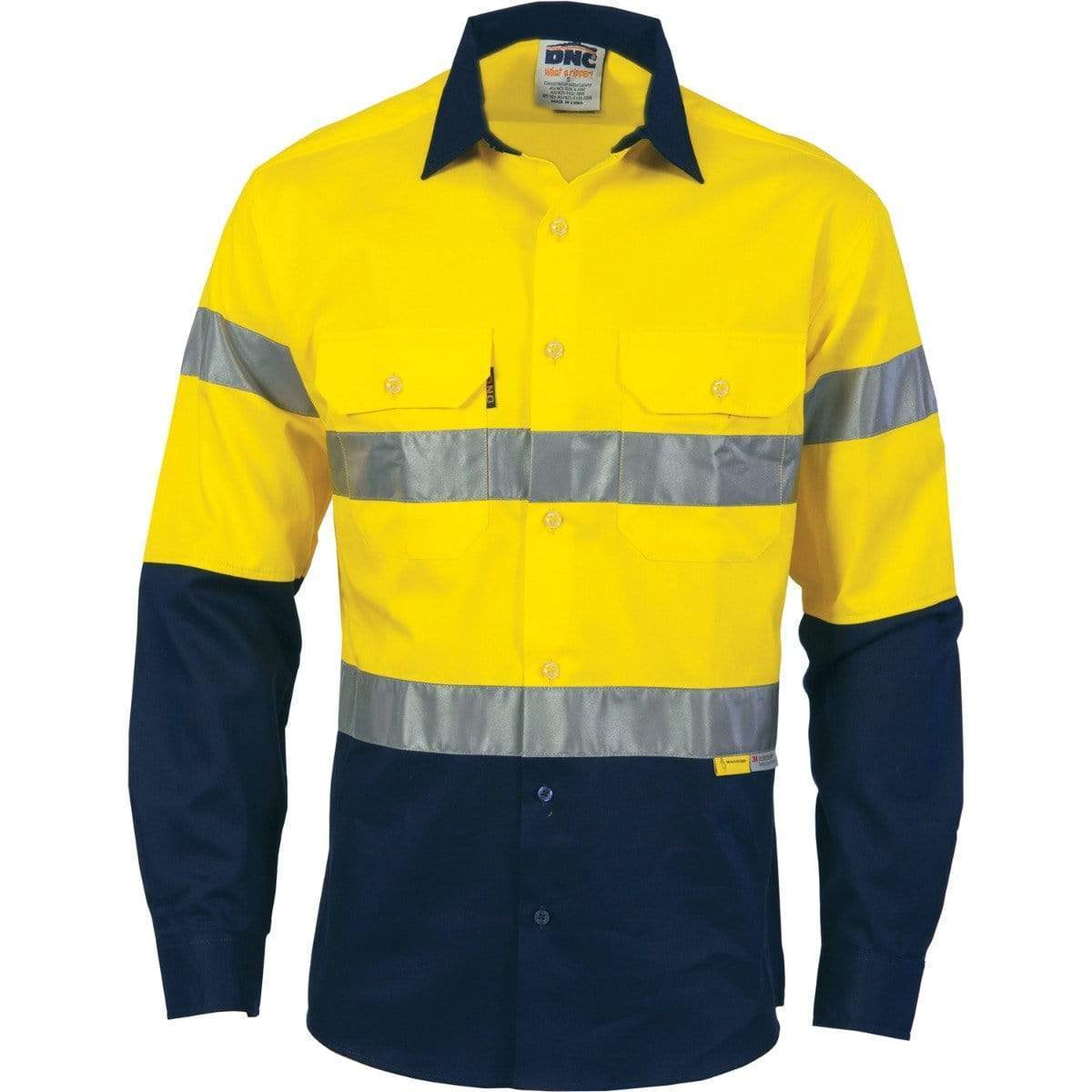 Dnc Workwear Hi-vis Two Tone Drill Long Sleeve Shirt With 3m 8910 Reflective Tape - 3836 Work Wear DNC Workwear Yellow/Navy S 