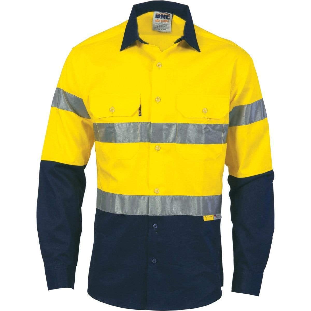 Dnc Workwear Hi-vis Two-tone Drill Long Sleeve Shirts With 3m 8906 Reflective Tape - 3736 Work Wear DNC Workwear Yellow/Navy XS 