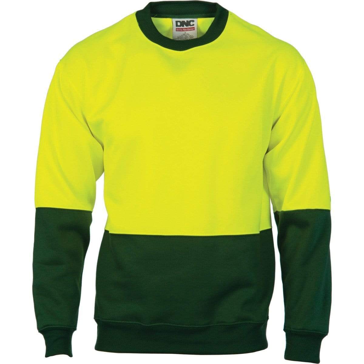 Dnc Workwear Hi-vis Two-tone Fleecy Crew-neck Sweatshirt (Sloppy Joe) - 3821 Work Wear DNC Workwear Yellow/Bottle Green XS 
