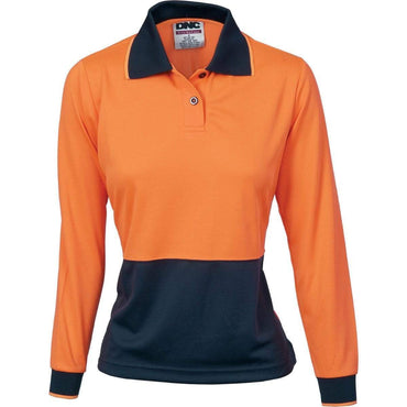 Dnc Workwear Ladies Hi-vis Two-tone Long Sleeve Polo Shirt - 3898 Work Wear DNC Workwear Orange/Navy 8 