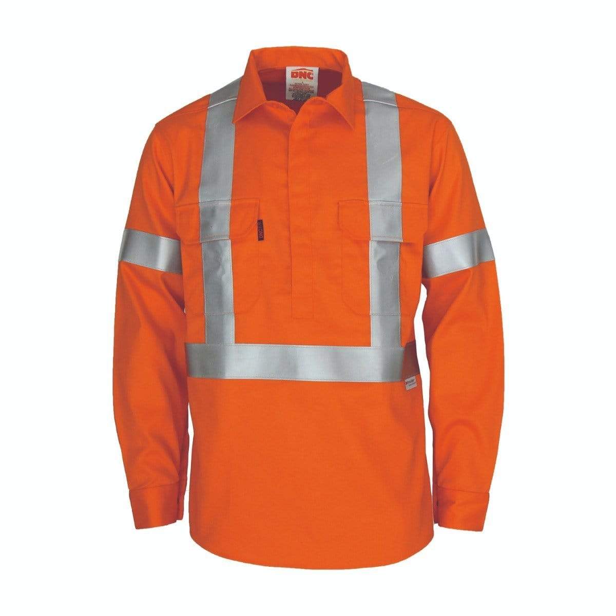Dnc Workwear Patron Saint Flame Retardant Arc Rated Closed Long Sleeve Front Shirt With "X" Back 3m Fr Reflective Tape - 3408 Work Wear DNC Workwear Orange XS 