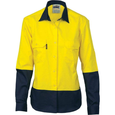 Dnc Workwear Women’s Hi-vis 2 Tone Cool-breeze Long Sleeve Cotton Shirt - 3940 Work Wear DNC Workwear Yellow/Navy 8 