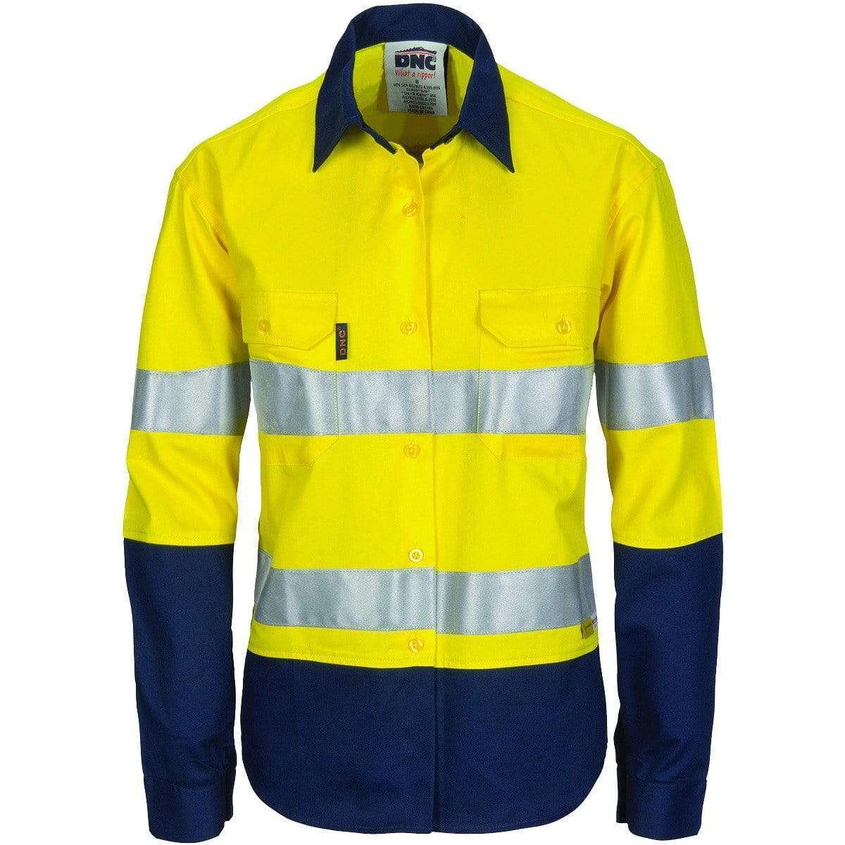 Dnc Workwear Women’s Hi-vis Two-tone Cool-breeze Long Sleeve Cotton Shirt With 3m Reflective Tape - 3986 Work Wear DNC Workwear Yellow/Navy 6 