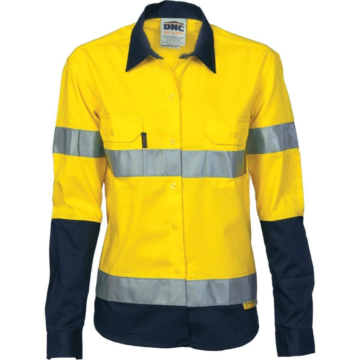 Dnc Workwear Women’s Hi-vis Two-tone Drill Long Sleeve Shirt With 3m Reflective Tape - 3936 Work Wear DNC Workwear Yellow/Navy 8 