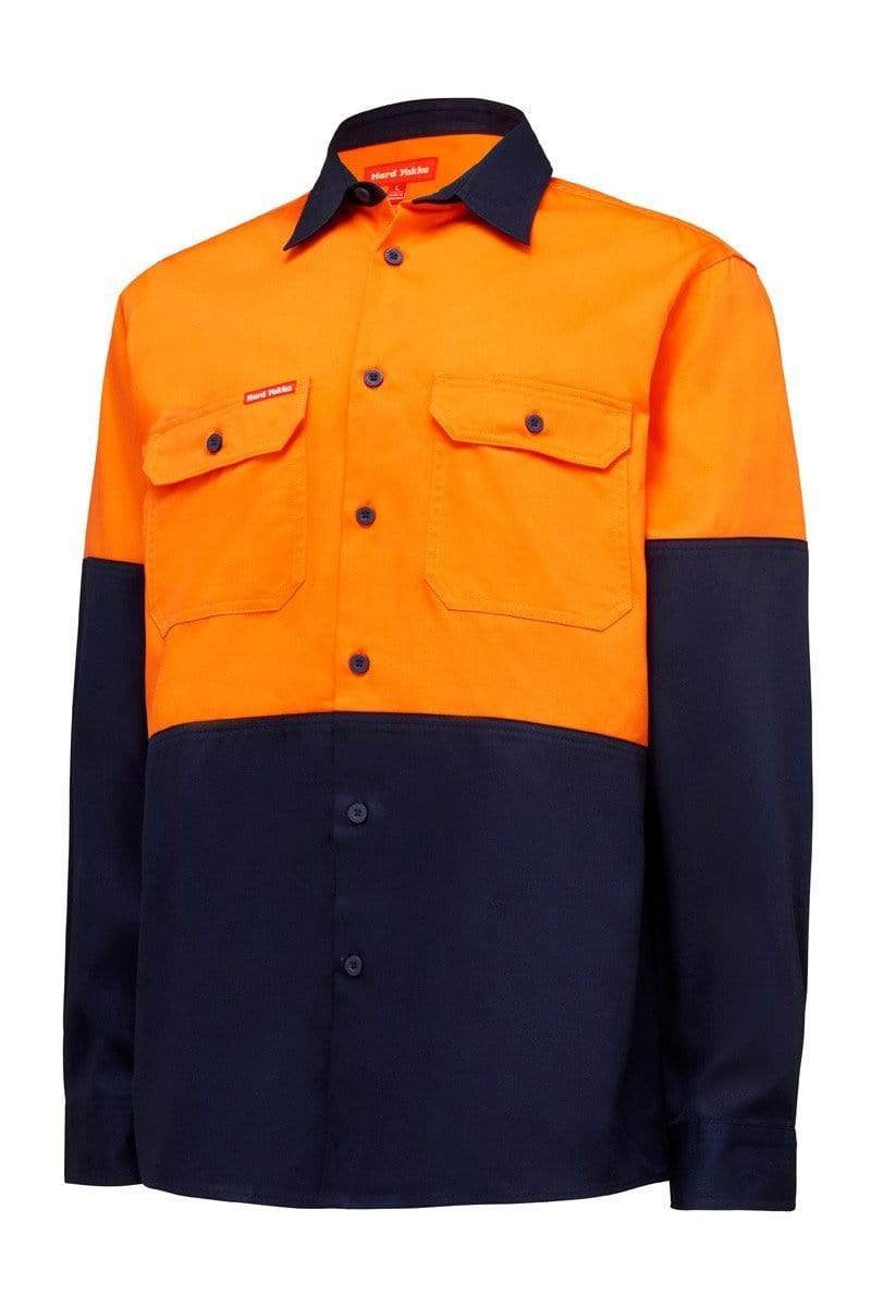 Hard Yakka Core Hi-Vis Cotton Drill Shirt Y04605 Work Wear Hard Yakka Orange/Navy (ONA) S 