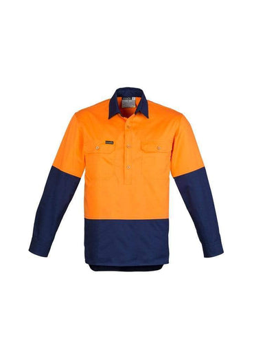 SYZMIK mens hi vis closed front l/s shirt zw560 Work Wear Syzmik Orange/Navy XXS 